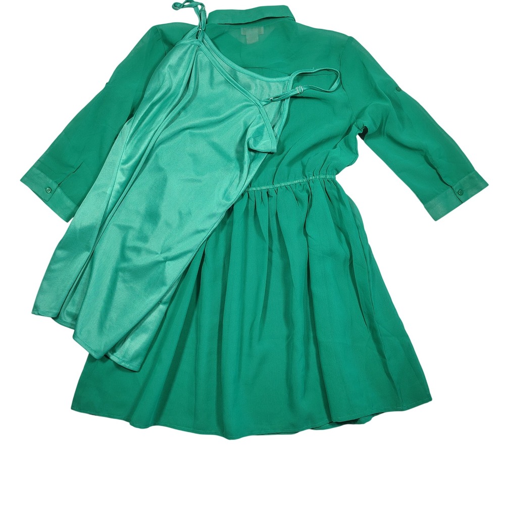 She's Cool Shirt Dress Women L Green Chiffon Button Up Roll Tab Sleeve Polyester